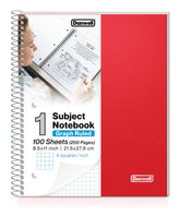 Dunwell Graph Ruled Notebook 4x4 (Red) Plastic Cover, 100 Sheets, 1 Subject Graph Paper Notebook 8.5 x 11, 1/4 In Grid Graphing Notebook, Graph Paper Spiral Notebook, Durable Poly Divider with Pockets